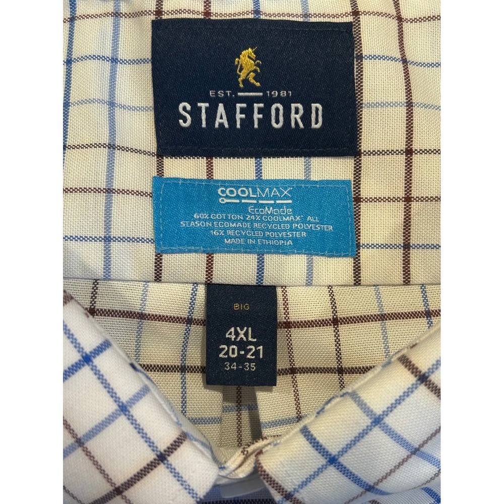 NWT Stafford Big 4XL Dress Shirt Mens 20-21 34-35 Blue Brown Grid CoolMax Oxford
